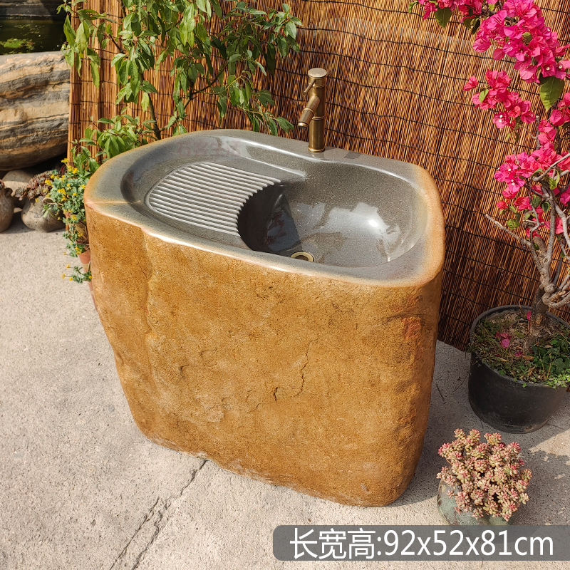 精品原始自然石材一体洗手盆庭院花园艺术石头立柱盆洗衣水池水槽