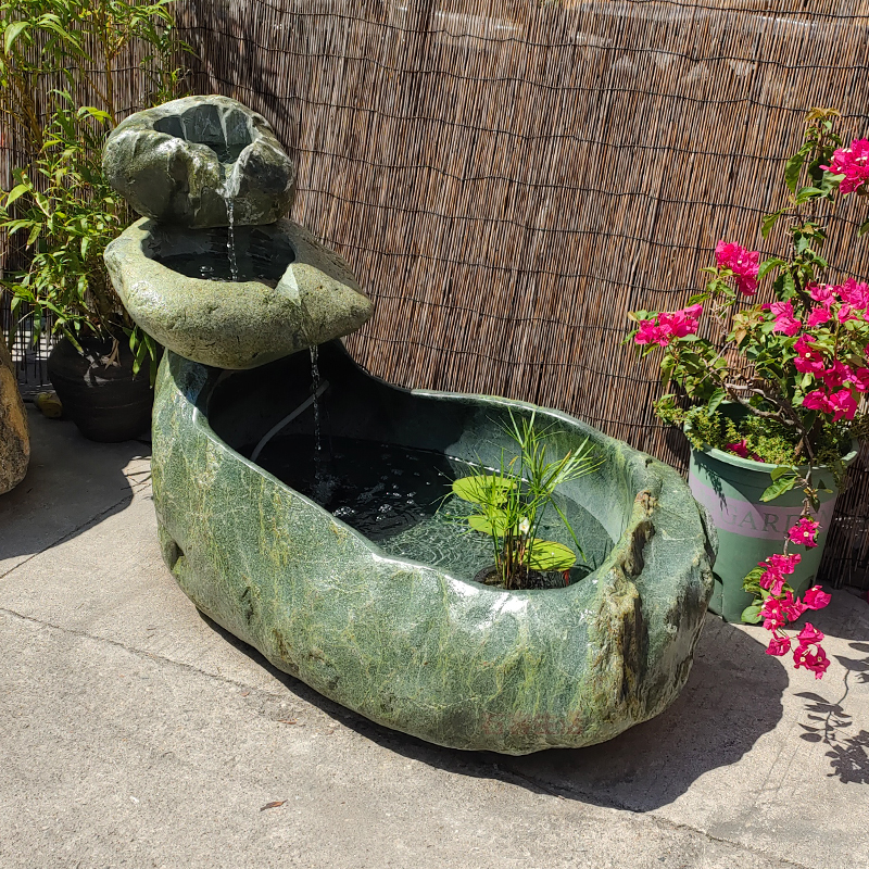 新品自然富贵绿原石叠层流水池阳台入户花园艺术石头水景鱼缸摆件