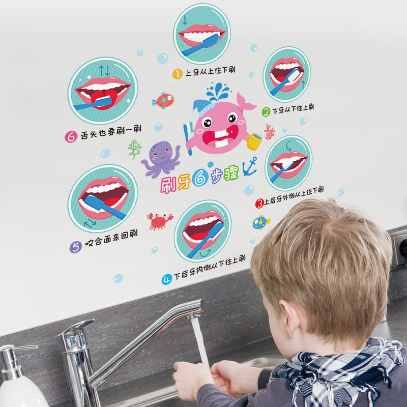 幼儿园环境布置神器教室卫生间墙面装饰刷牙六步骤卡通墙贴纸贴画