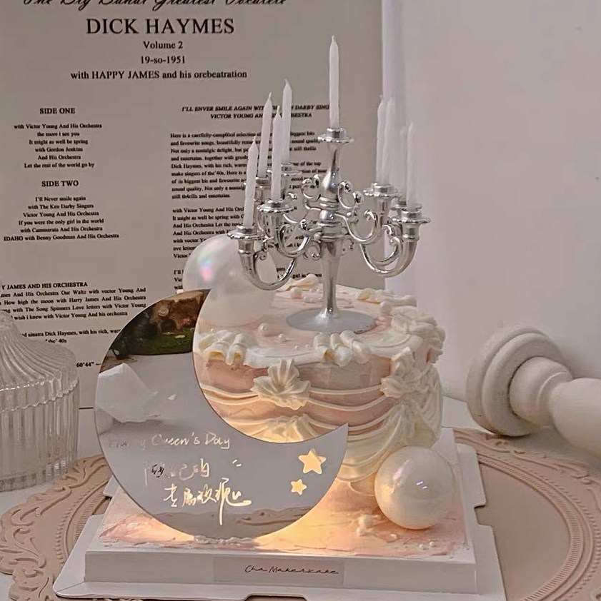 38女神节蛋糕装饰亚克力月亮镜子做自己的专属玫瑰烛台小仙女蛋糕