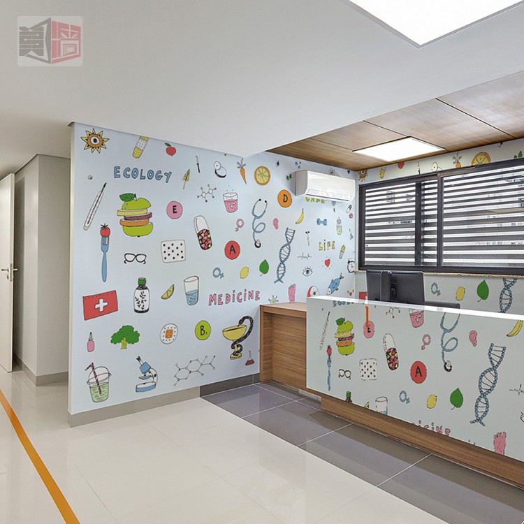 可爱卡通儿童诊所壁纸 医院健康护理创意墙布 医学教育个性壁画