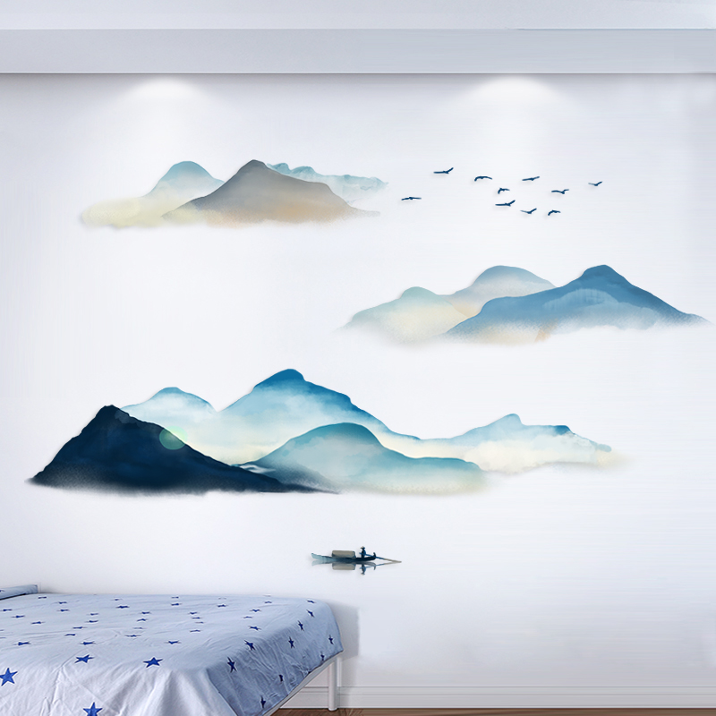 水墨晕染淡蓝色山峦背景墙壁装饰贴画卧室床边布置中式意境墙贴纸