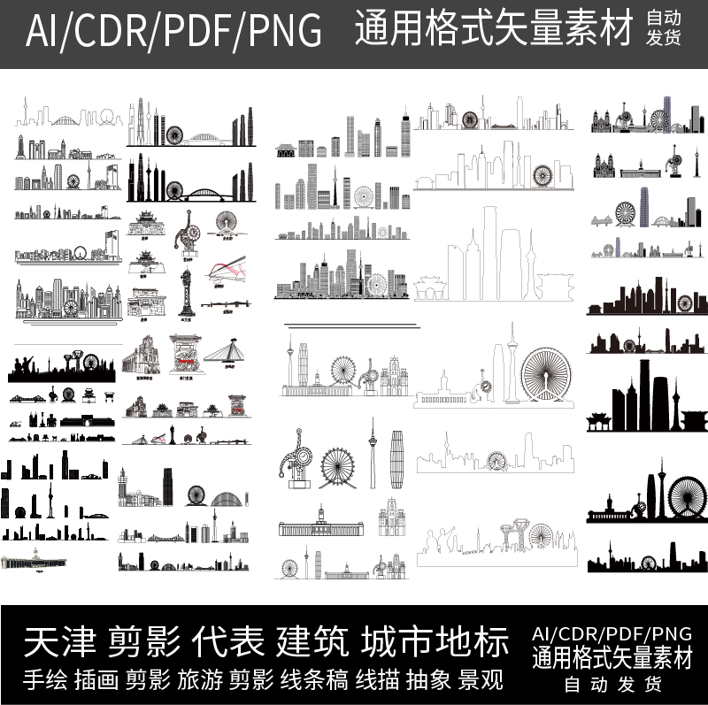 天津城市印象横幅地平线景观地标建筑剪影线稿插画矢量AI素材PNG