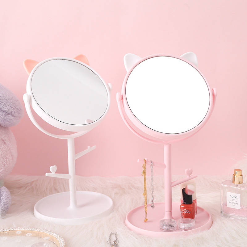 创意卡套猫耳朵台式高清化妆镜子宿舍房间桌面收纳少女公主梳妆镜