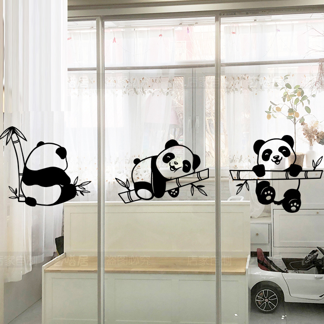 搞怪熊猫可爱装饰玻璃门推拉门防撞贴纸房间墙布置创意温馨简笔画