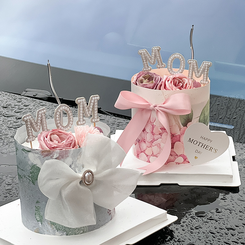母亲节复古印花围边蛋糕装饰唯美珍珠MOM玫瑰康乃馨爱心卡片插件