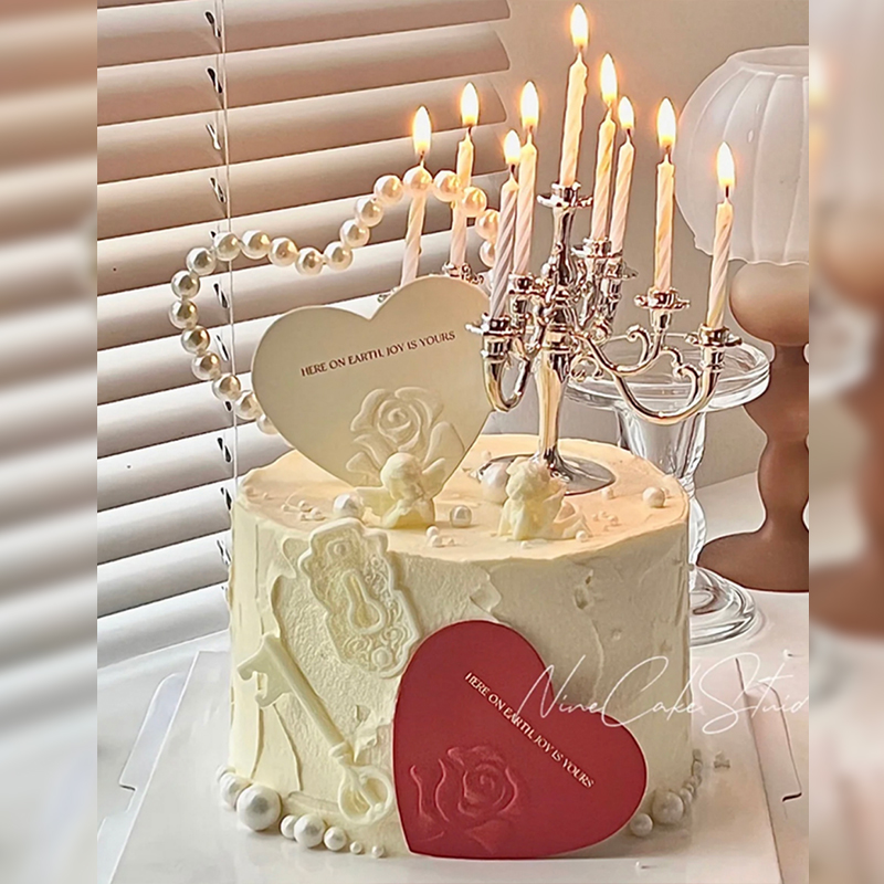 网红520情人节蛋糕装饰珍珠爱心插件浮雕玫瑰花卡片烛台蛋糕插牌