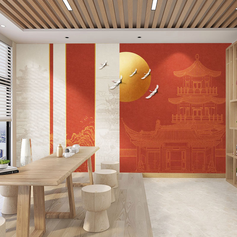 红色线描建筑墙纸古风茶楼茶馆饭店包厢中国风金色阁楼故宫红壁纸
