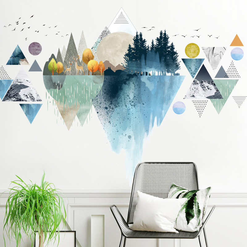 墙贴山峰风景个性三角形几何图案北欧背景墙纸贴画办公室墙上装饰