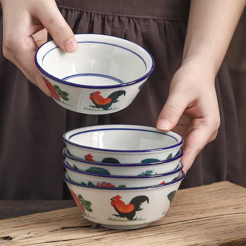 中式手绘鸡公碗高温陶瓷釉下彩微波炉餐具复古怀旧家用米饭碗汤碗