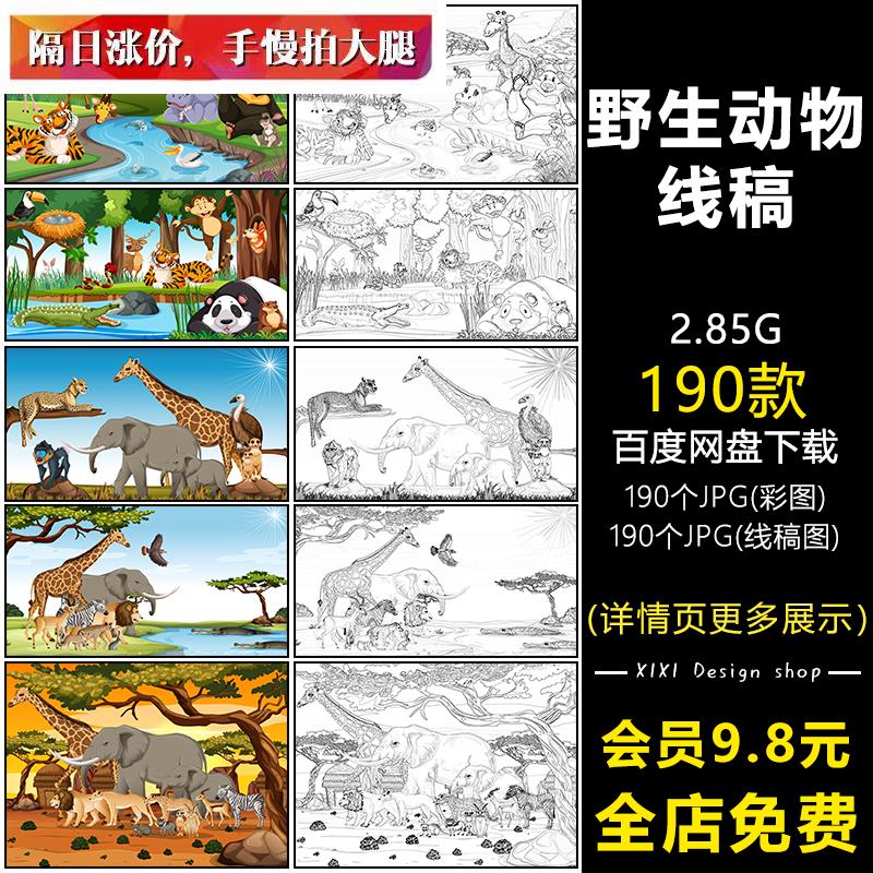 XG48儿童简笔画野生动物狮子长颈鹿猩猩黑白填色线描插画线稿素材