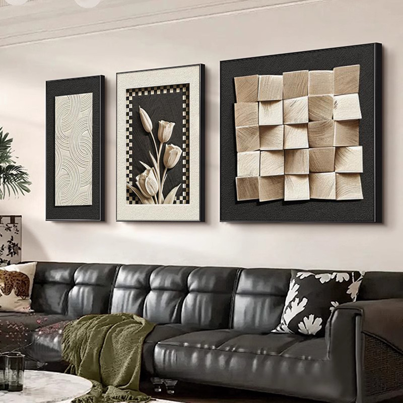 新黑白现代客厅装饰画沙发背景墙简约抽象高级感挂画轻奢三联壁画