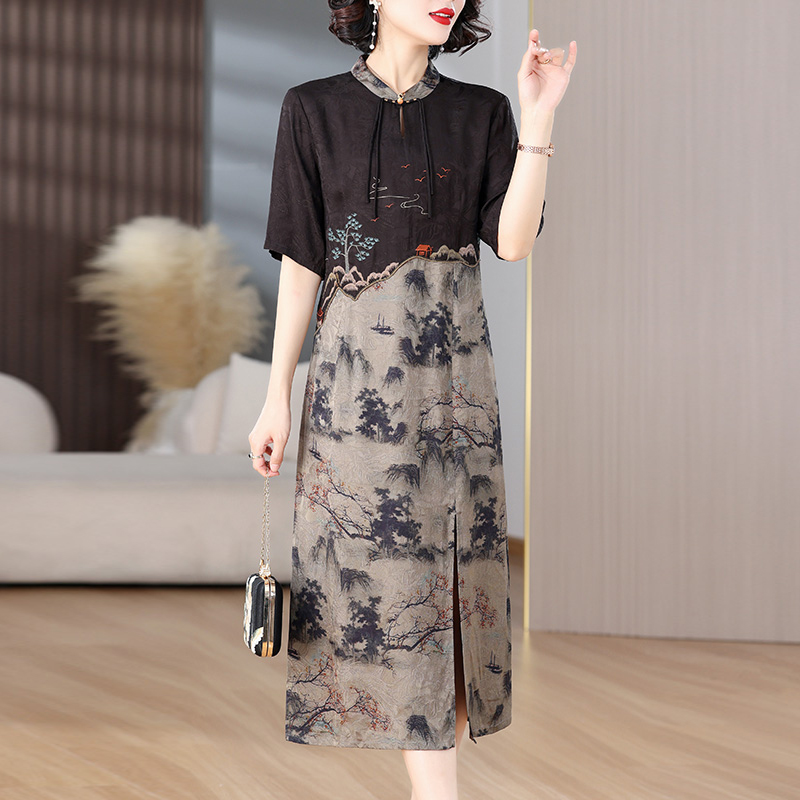 中式复古桑蚕丝改良旗袍日常可穿小个子妈妈杭州品牌香云纱连衣裙