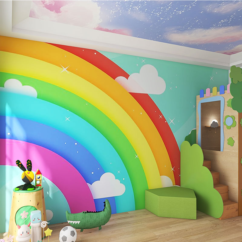 3d卡通彩虹云朵墙纸母婴店背景墙游乐园早教中心儿童房壁纸墙布