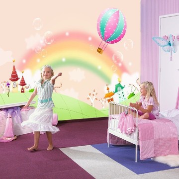 儿童房墙纸卧室电视背景墙布卡通彩虹壁纸女孩房间壁画热气球墙纸