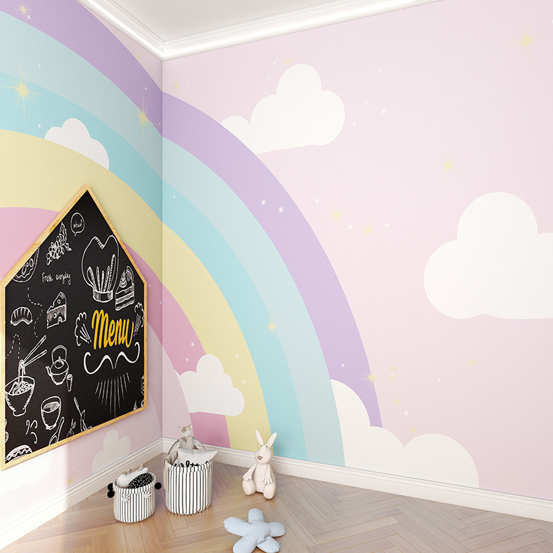 卡通彩虹云朵儿童房墙布星星墙纸女孩卧室背景墙壁纸幼儿乐园壁布