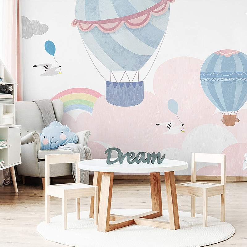 卡通粉色彩虹儿童公主房背景墙纸热气球壁纸女孩卧室床头云朵墙布