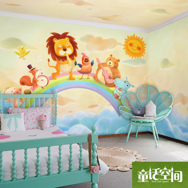 儿童房墙纸卧室装修背景墙温馨卡通狮子无纺布壁纸彩虹动物音乐会