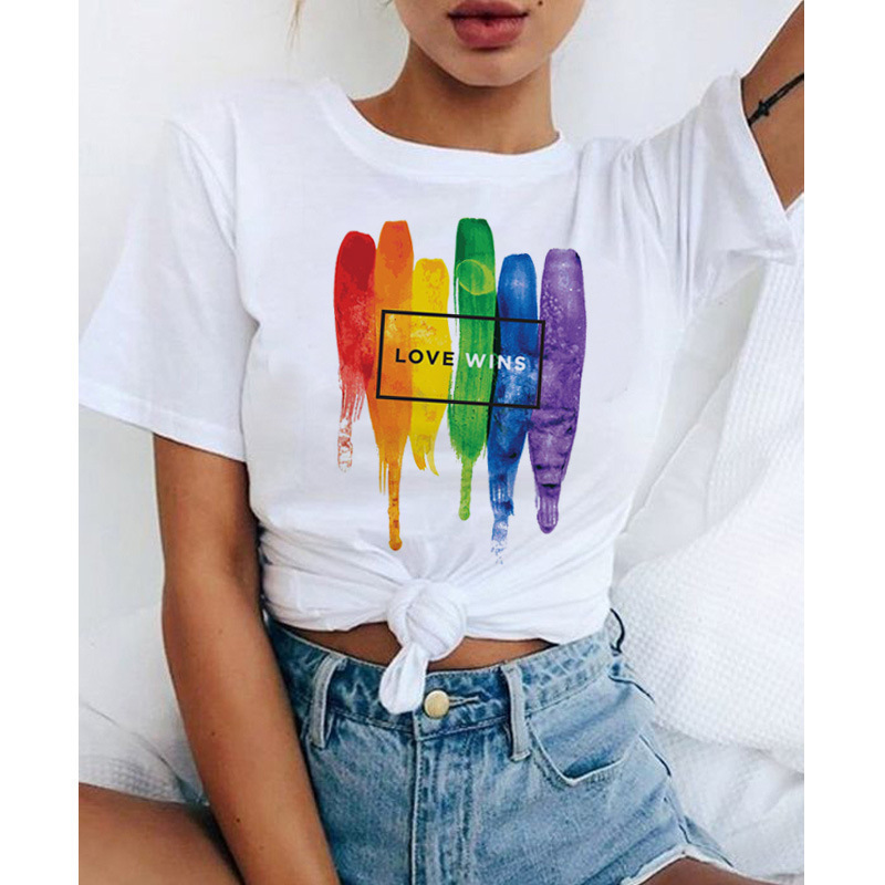 Rainbow love is love圆领白色宽松可爱短袖T恤女欧美彩虹t-shirt