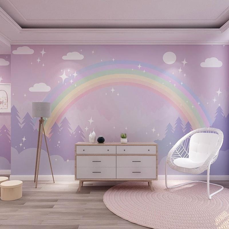 儿童房间墙纸紫色系云朵彩虹壁纸女孩卧室公主房背景墙布定制壁画