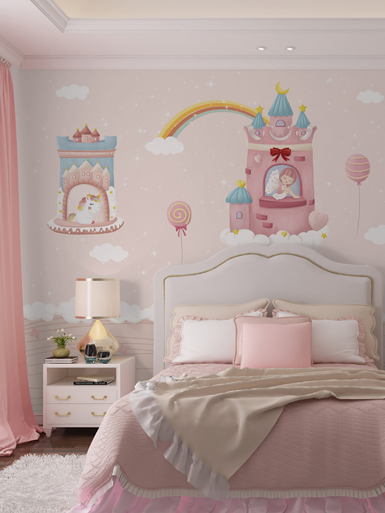 彩虹墙纸儿童房墙布女孩公主房壁画城堡独角兽粉色壁布壁纸可爱