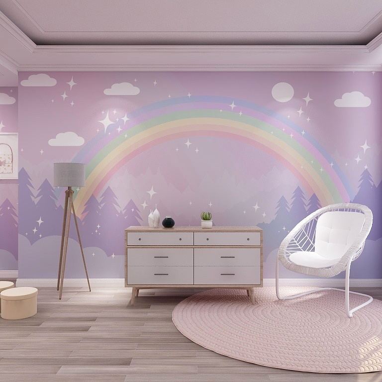 卡通儿童房温馨墙纸紫色云朵彩虹壁纸女孩卧室公主房背景墙布壁画