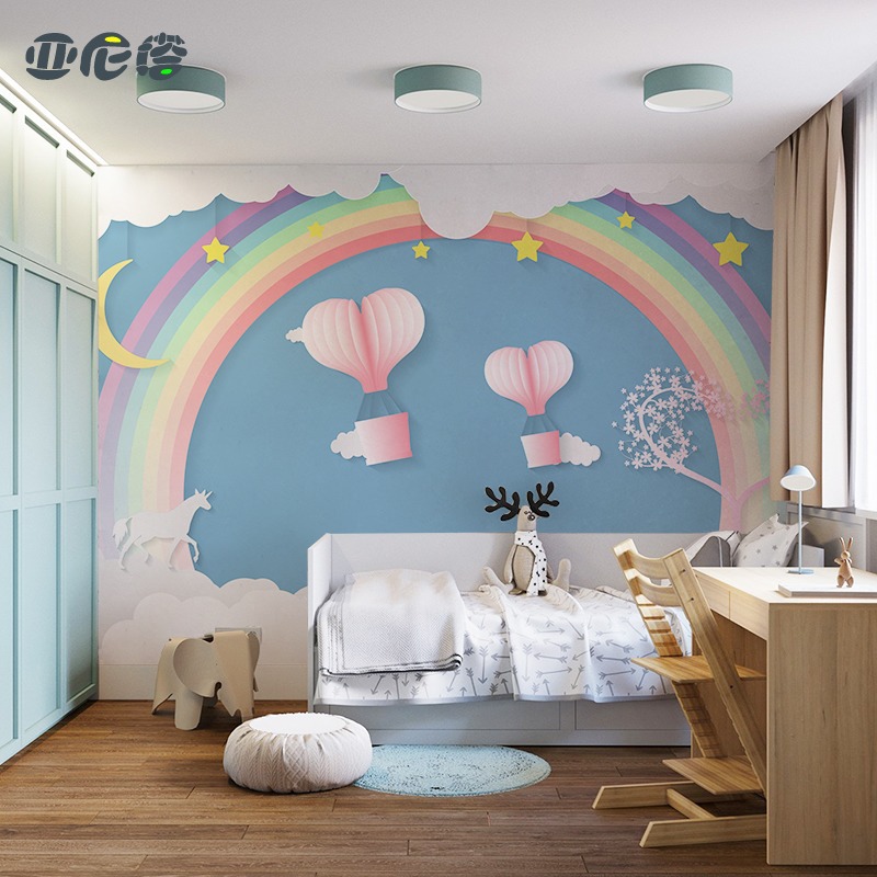 跨境新款c创意彩虹热气球墙布壁画儿童房壁纸现代简约男孩女孩卧
