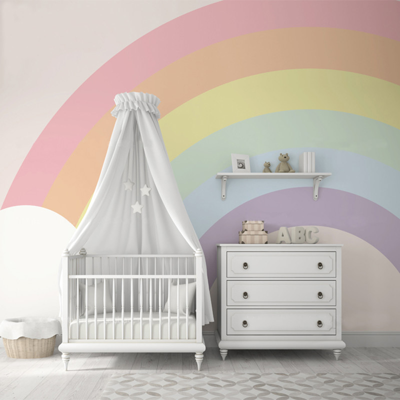 小清新儿童房墙纸北欧现代简约女孩卧室背景墙壁纸粉红色彩虹墙布