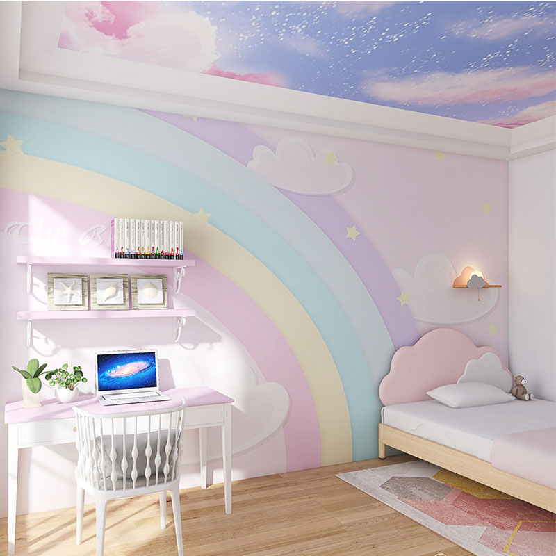 3D小清新彩虹云朵墙纸母婴店背景墙布游乐园儿童少女心卧室房壁纸