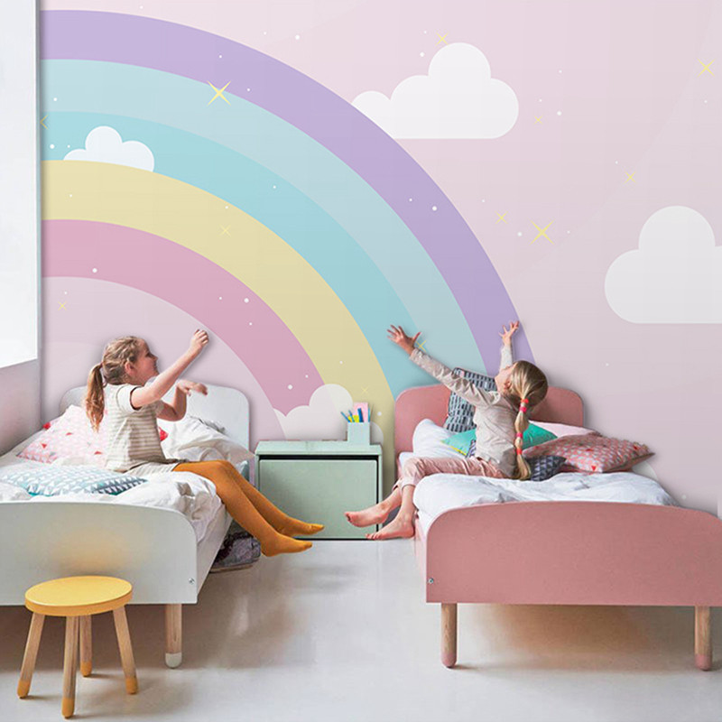 小清新儿童房墙纸北欧简约女孩卧室背景墙壁纸童趣婴儿房彩虹墙布