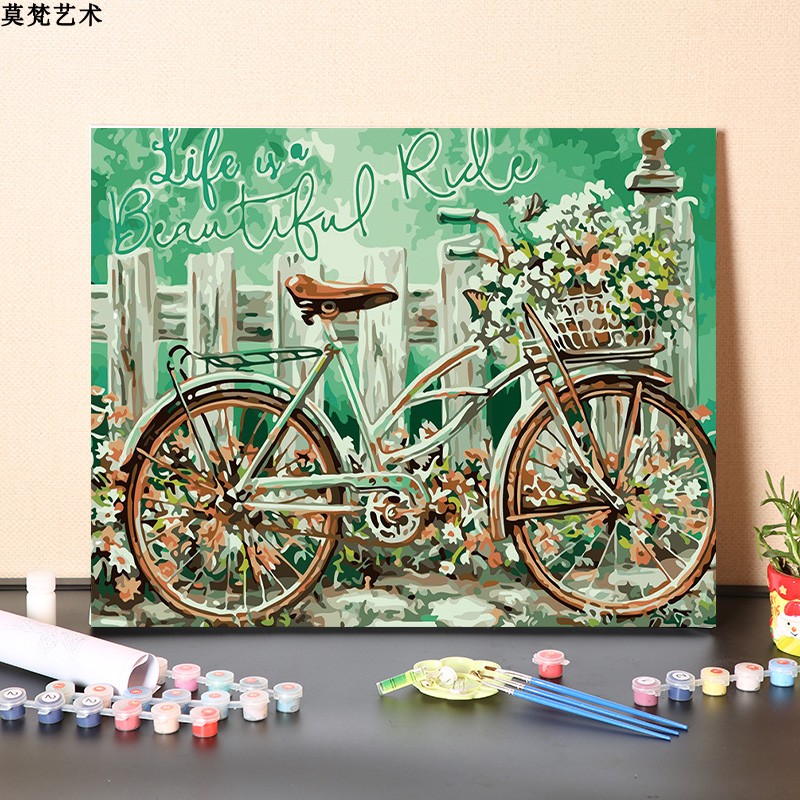 数字油画diy手工填充绿色清新自行车少女卧室手绘涂色丙烯油彩画