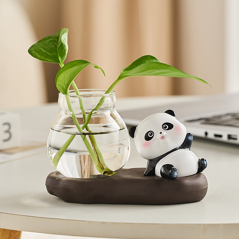 卡通可爱小熊猫桌面绿萝水培花盆器皿花瓶透明玻璃插花装饰品摆件