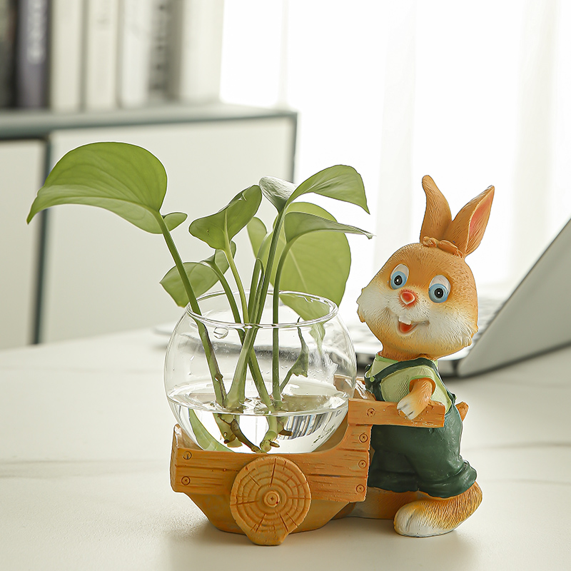 卡通动物小兔子玻璃花瓶透明插花水养绿萝仿真花摆件结婚礼物花器