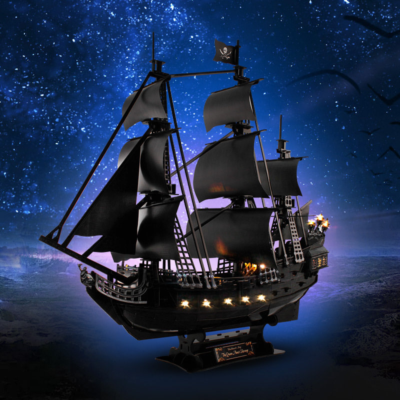 乐立方3D立体拼图加勒比海盗船模型带灯版女王复仇号拼装成人儿童