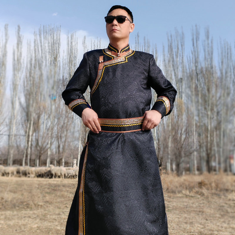 春季蒙古族服装男士长款民族表演服饰演出舞蹈服装蒙族日常蒙古袍