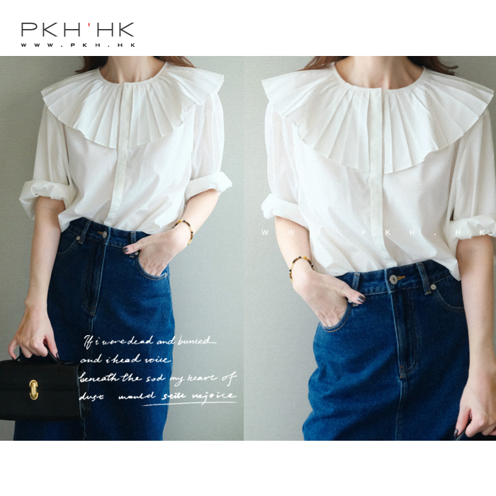 PKH.HK特2024春夏新甜美与时髦平衡重工手风琴压褶娃娃领造型衬衣