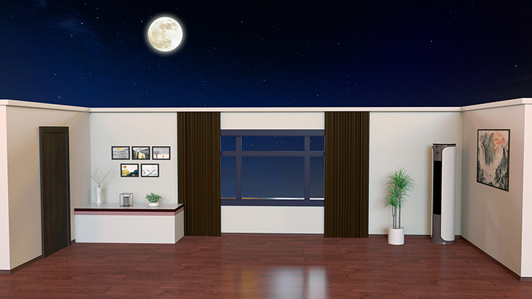 小品房间室内客厅窗户窗帘门木地板空调盆栽晚上夜景月色大屏图片
