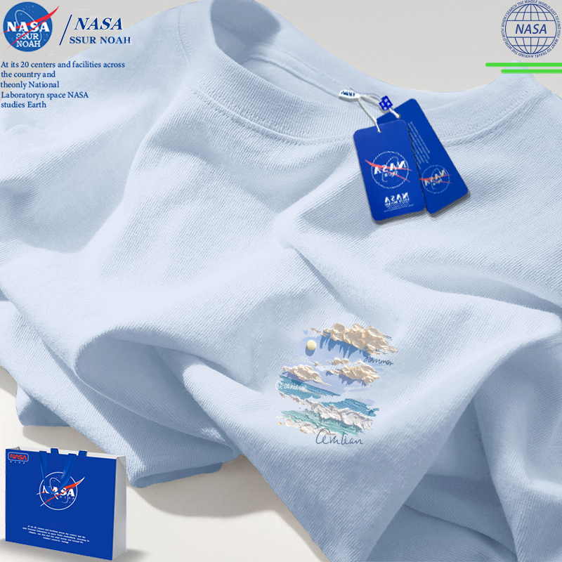 NASA短袖男夏季纯棉浅蓝色t恤男生2024新款美式高街油画情侣体恤