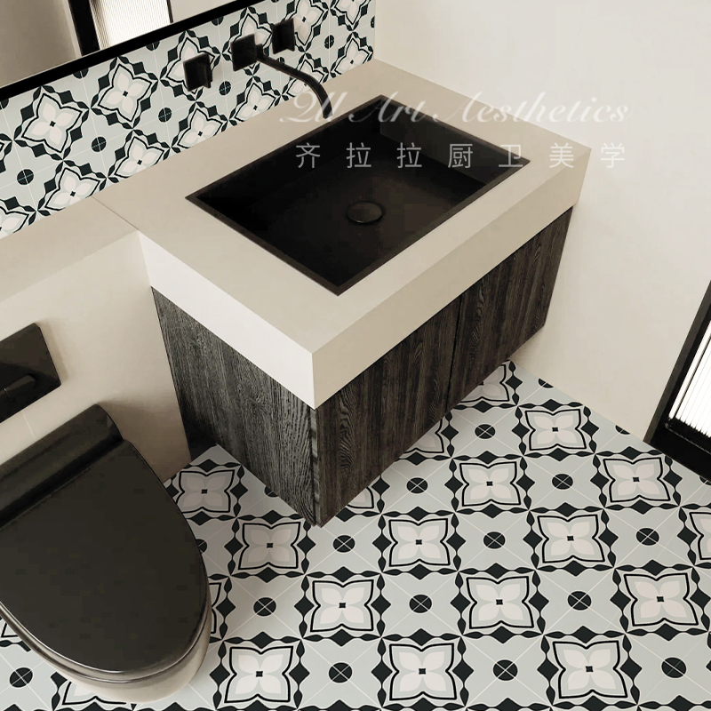 黑白复古法式自粘地板贴纸防水防油地面瓷砖翻新卫生间墙贴小花砖