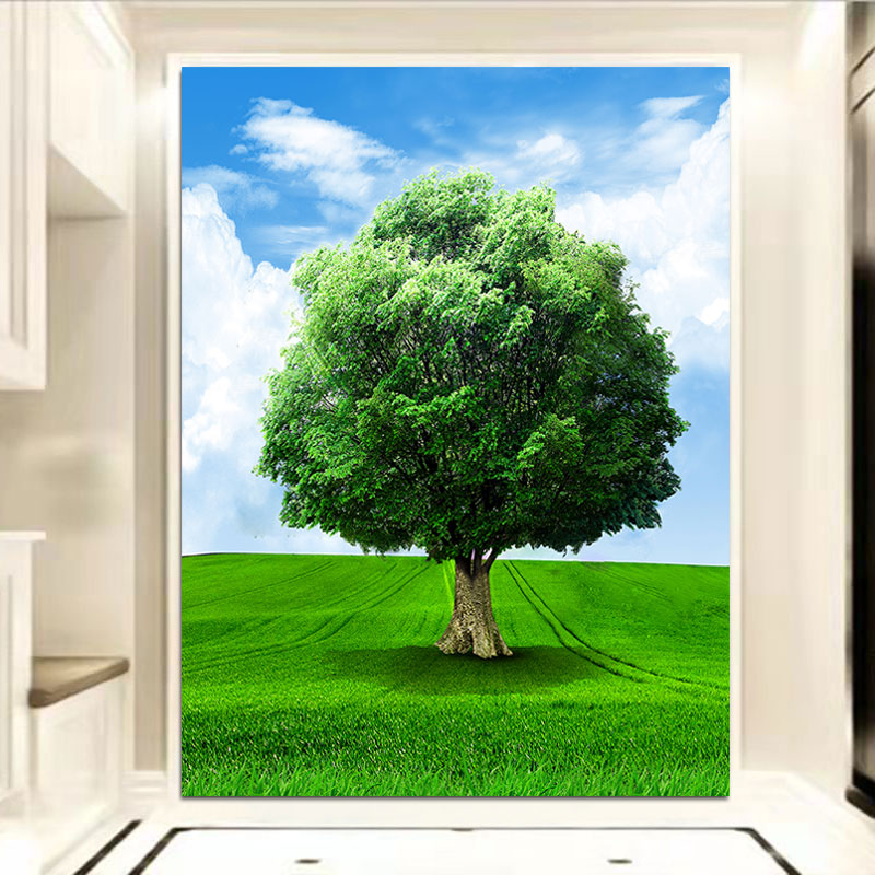 一棵大树装饰画蓝天白云绿色树木草地大自然风景墙贴画招财挂画