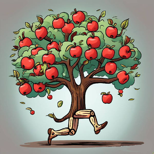 Python编程画的简单儿童矢量风格奔跑的绿色结苹果的大树源代码