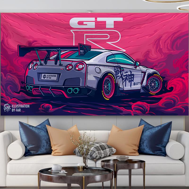 跑车插画周边海报背景布尼桑GT-R宝马保时捷911装饰房间挂毯挂布