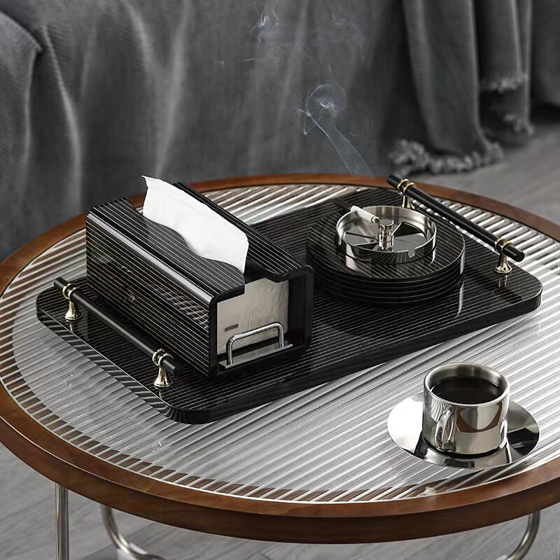 上档次轻奢纸巾盒高档创意抽纸盒客厅托盘烟灰缸设计组合套装