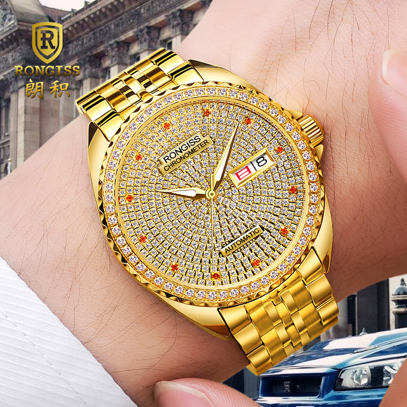 最低零售价7288元，朗积黄金手表满天星自动机械金表男表进口机芯
