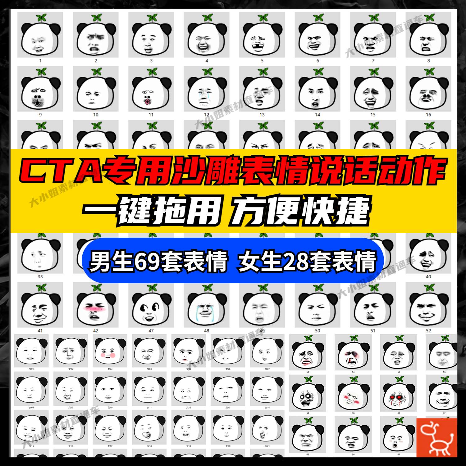 CTA沙雕动画表情动态说话动作文件可以一键套用G3角色熊猫人素材
