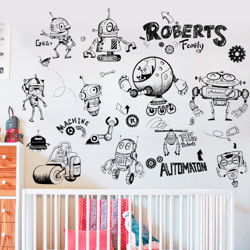 个性创意手绘涂鸦机器人墙贴纸卡通儿童房卧室可爱幼儿园装饰贴画