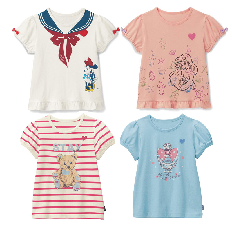 出口日本夏季女童纯棉卡通动漫短袖T恤中小童圆领蝴蝶结半袖上衣