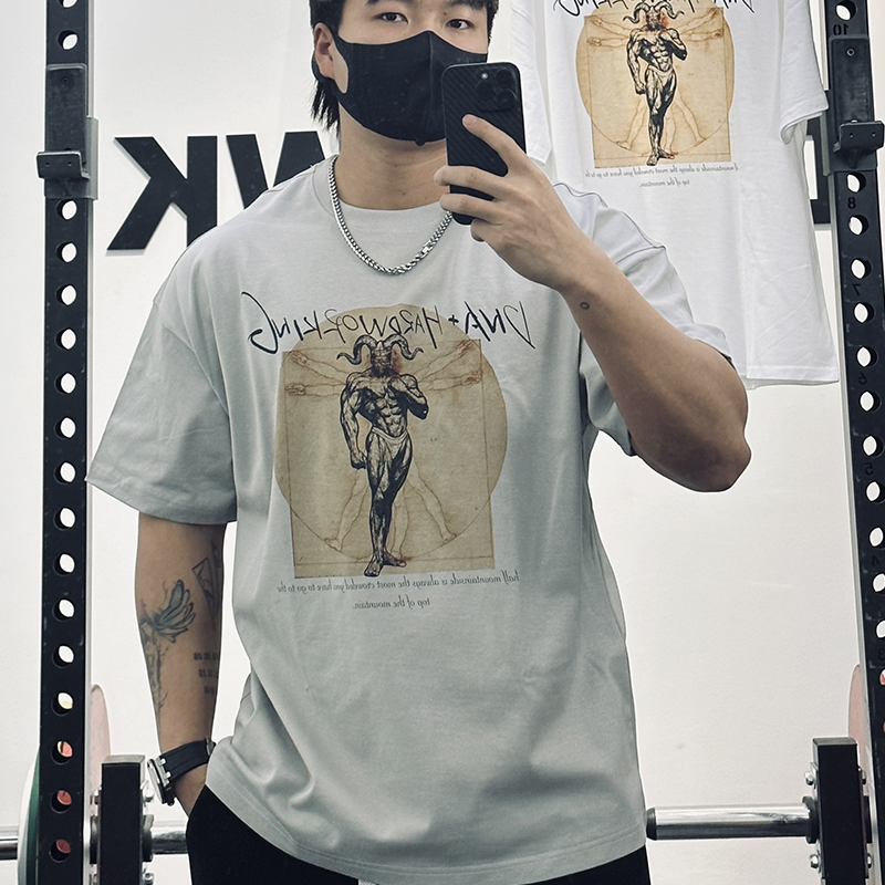 DNAHWK原创手绘山羊恶魔造型夏新款运动健身休闲数码直喷短袖T恤
