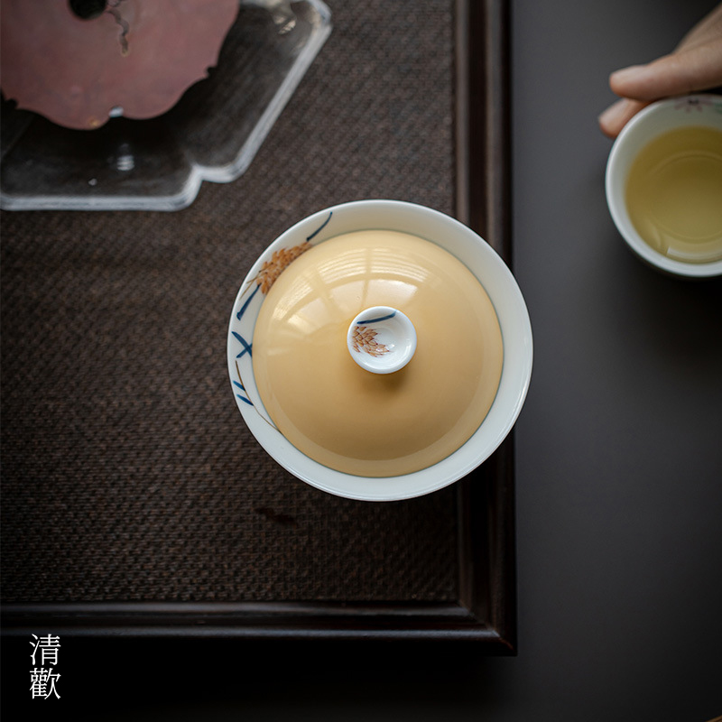 清欢丨明知山志 杏黄手绘麦穗盖碗 文人器茶具泡茶碗彩陶功夫茶杯