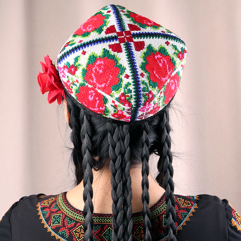 新疆舞蹈帽子女士维族十字绣小花帽民族特色绣花头饰四角帽带辫子